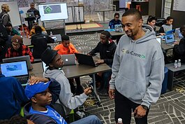 Meka Egwuekwe, co-founder and executive director of CodeCrew, speaks to coding students at the Benjamin L. Hooks Central Library in 2018. (File photo: Brandon Dahlberg)